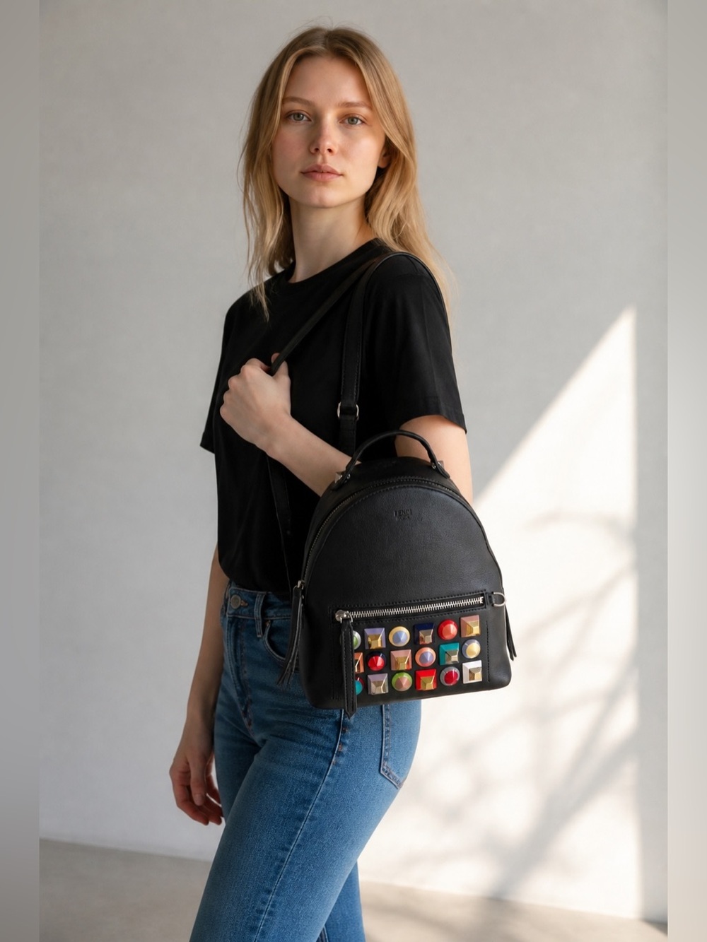 Fendi Black Backpack with Multicolor Studs